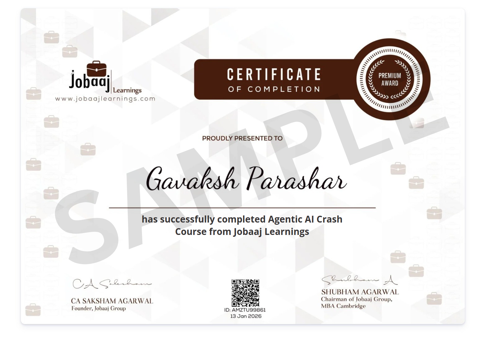 Sample Jobaaj Learnings certificate for the free Agentic AI crash course