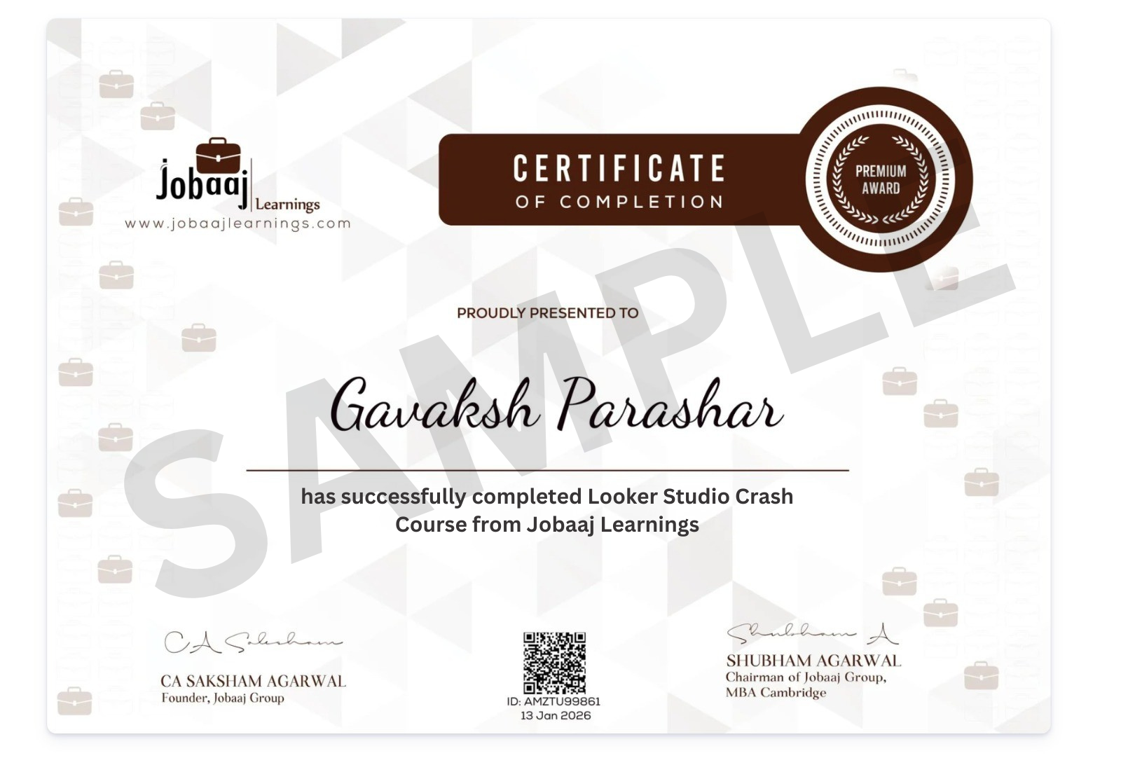 Sample Jobaaj Learnings certificate for the free looker studio crash course