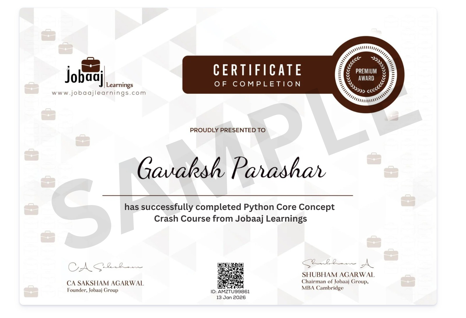 Sample Jobaaj Learnings certificate for the free python core concepts crash course