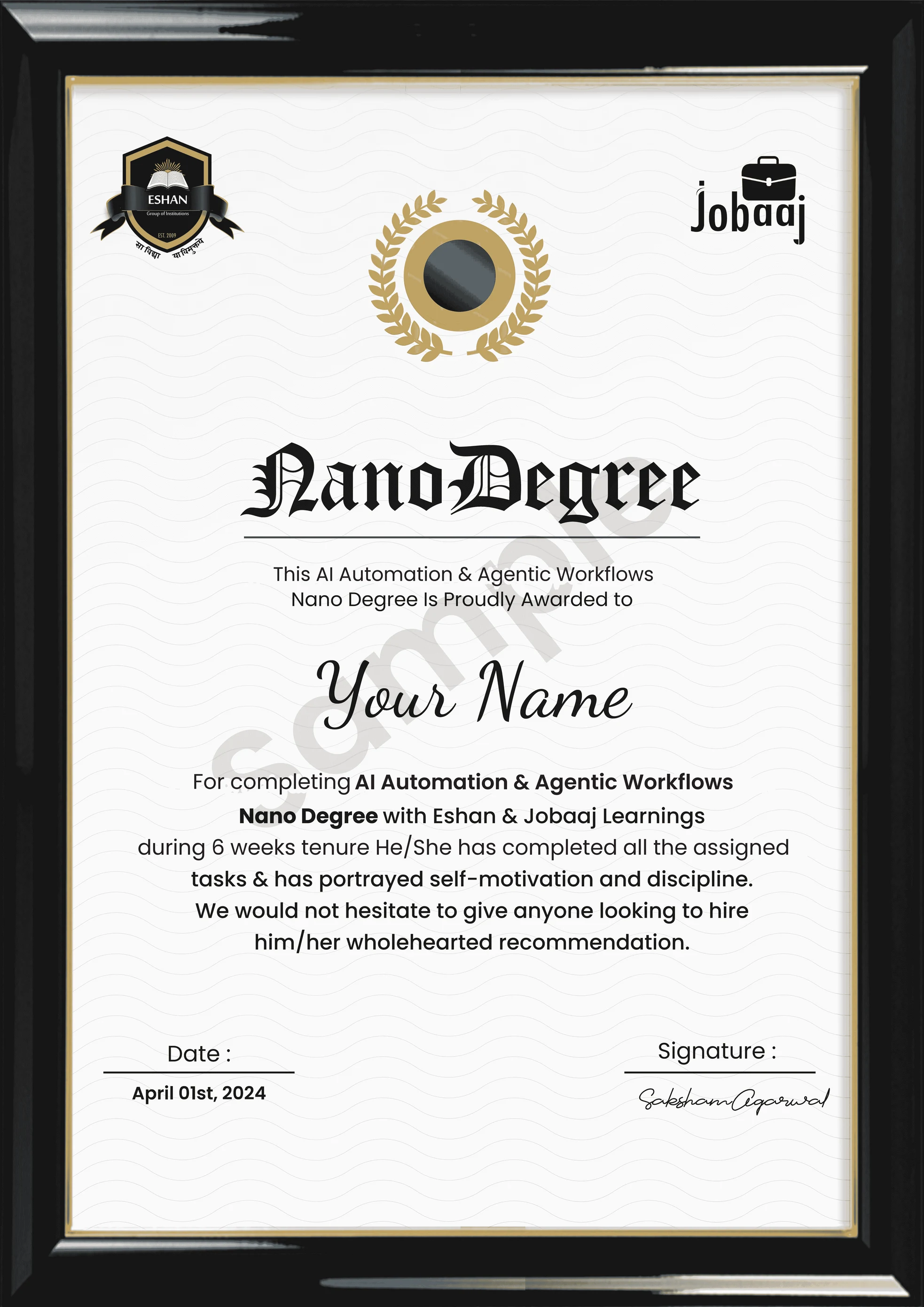 AI Automation & Agentic Workflows Nano Degree certificate, awarded by Eshan College with Jobaaj Learnings